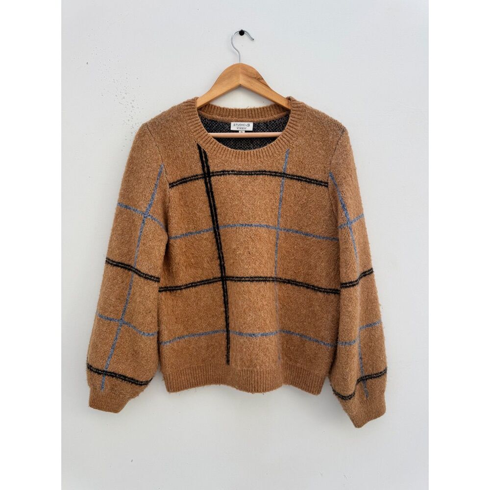 Studio B by Bobeau Camel Windowpane Plaid Brushed Knit Sweater Size XL